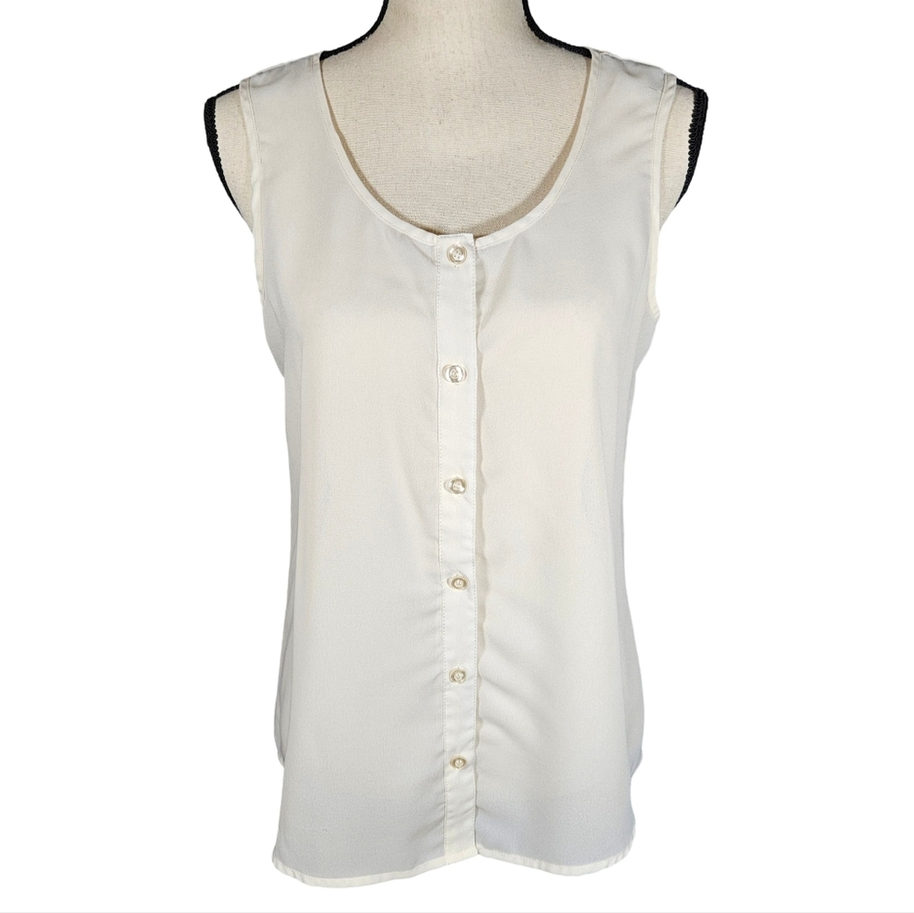 Mint Sleevless Scoop Neck Sheer Button Down Blouse, Ivory, Large